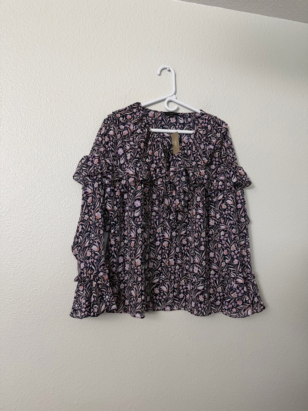 J. Crew Black Floral Ruffle-Sleeve Blouse with Pink Print Sz XL